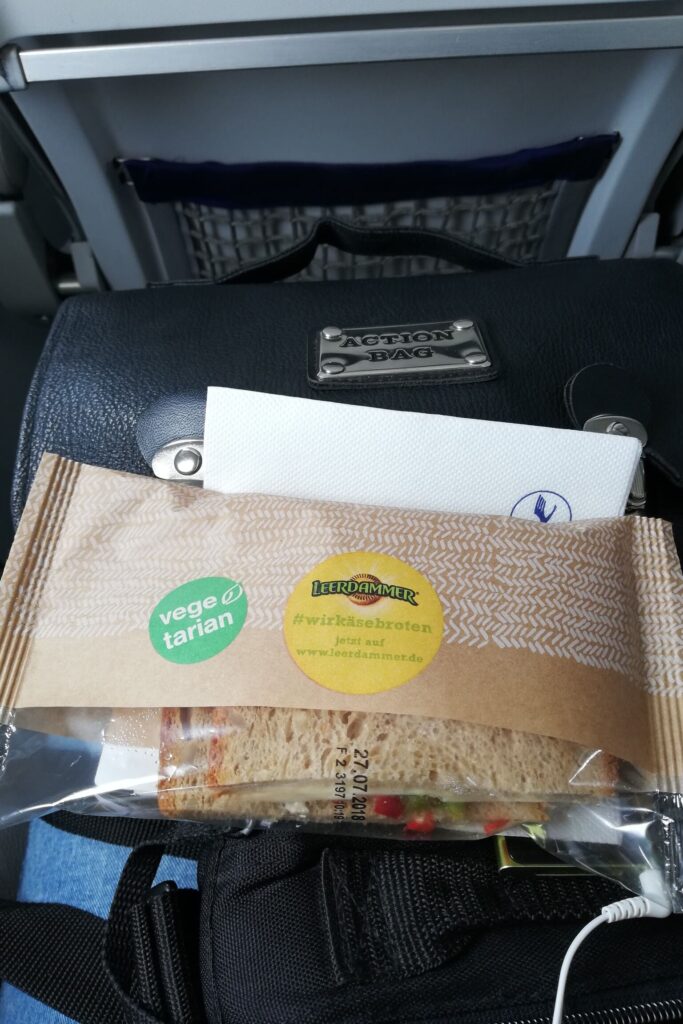 Vegetarijanski sendvič u smeđem škarniclu u avionu.